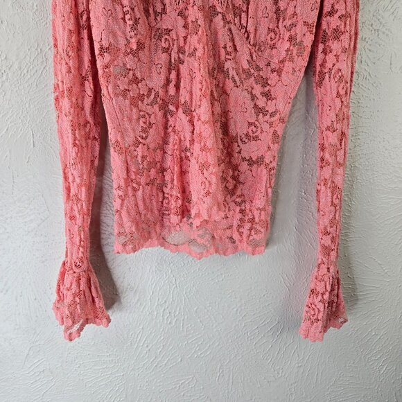 Moda Floral Lace Blouse Medium Pink Sheer Bell Sleeve Dressy Fairy Coquette Top - Picture 5 of 12